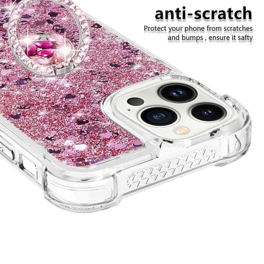 iPhone 14 Pro Max Skal - Dynamiskt Glitter med Hjärtan - Transparent / Rosa