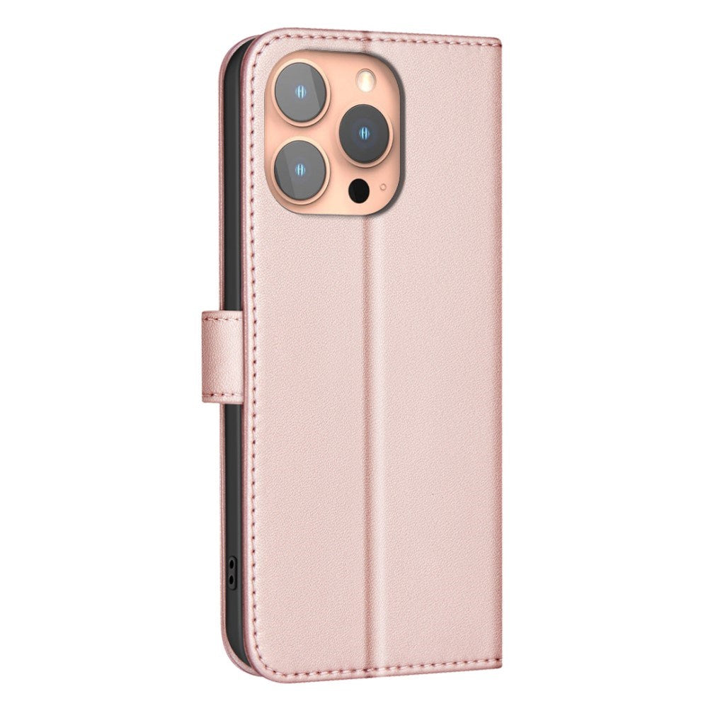 iPhone 16 Pro Rutigt Konstläder Plånboksfodral med Rem - Rose Gold