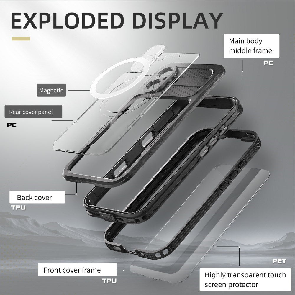 iPhone 16 Plus Vattentätt Tåligt Skal med Skärmskydd Och Stropp - MagSafe Kompatibel - Transparent / Svart