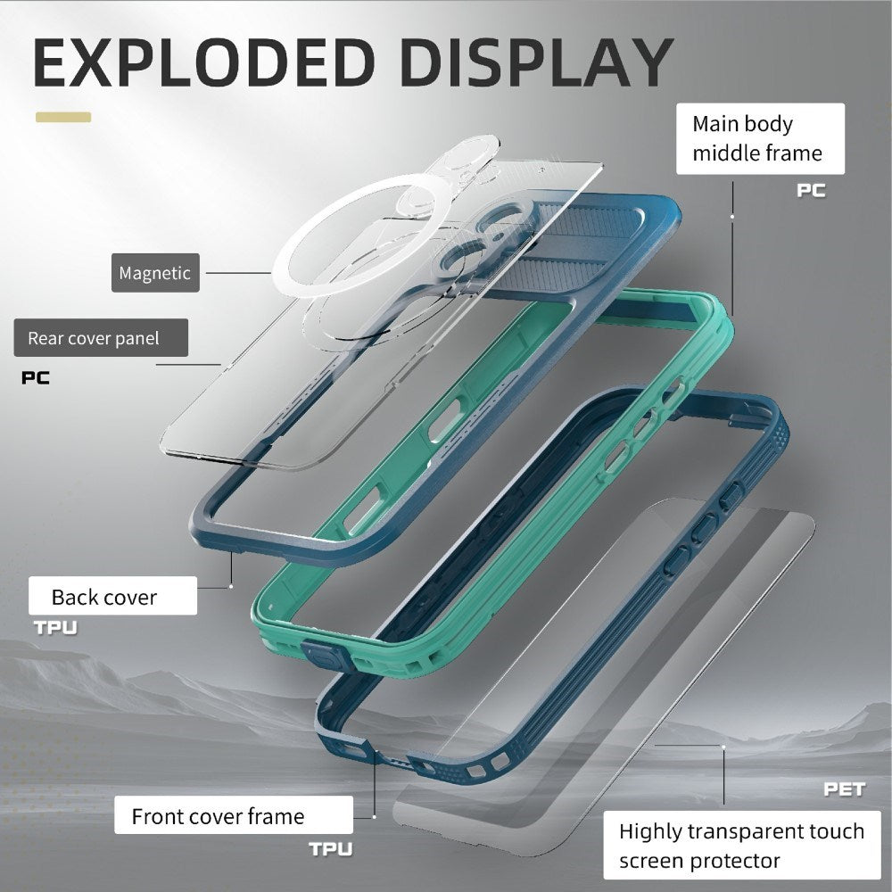 iPhone 16 Plus Vattentätt Tåligt Skal med Skärmskydd Och Stropp - MagSafe Kompatibel - Transparent / Blå