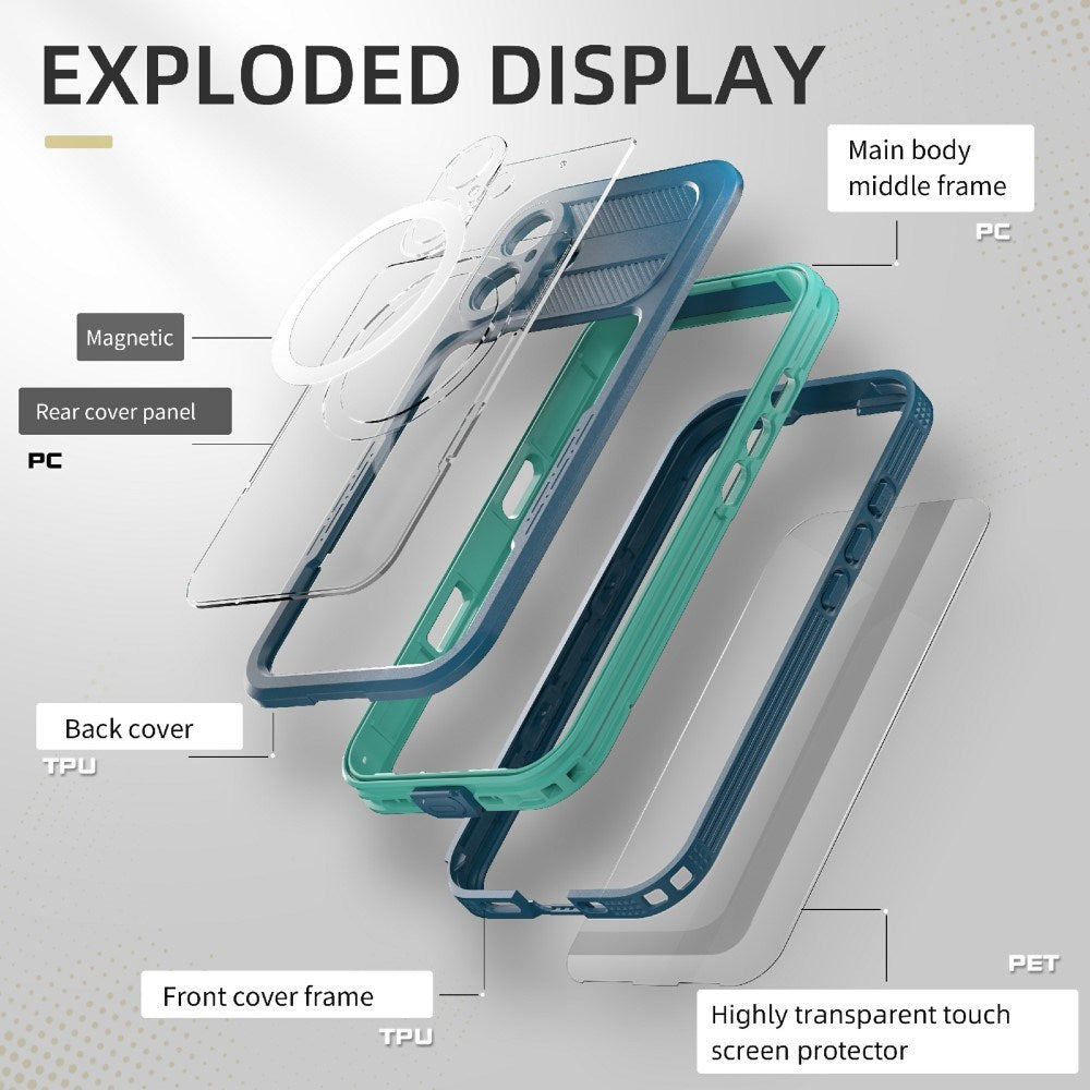 iPhone 16 Vattentätt Tåligt Skal med Skärmskydd Och Stropp - MagSafe Kompatibel - Transparent / Blå