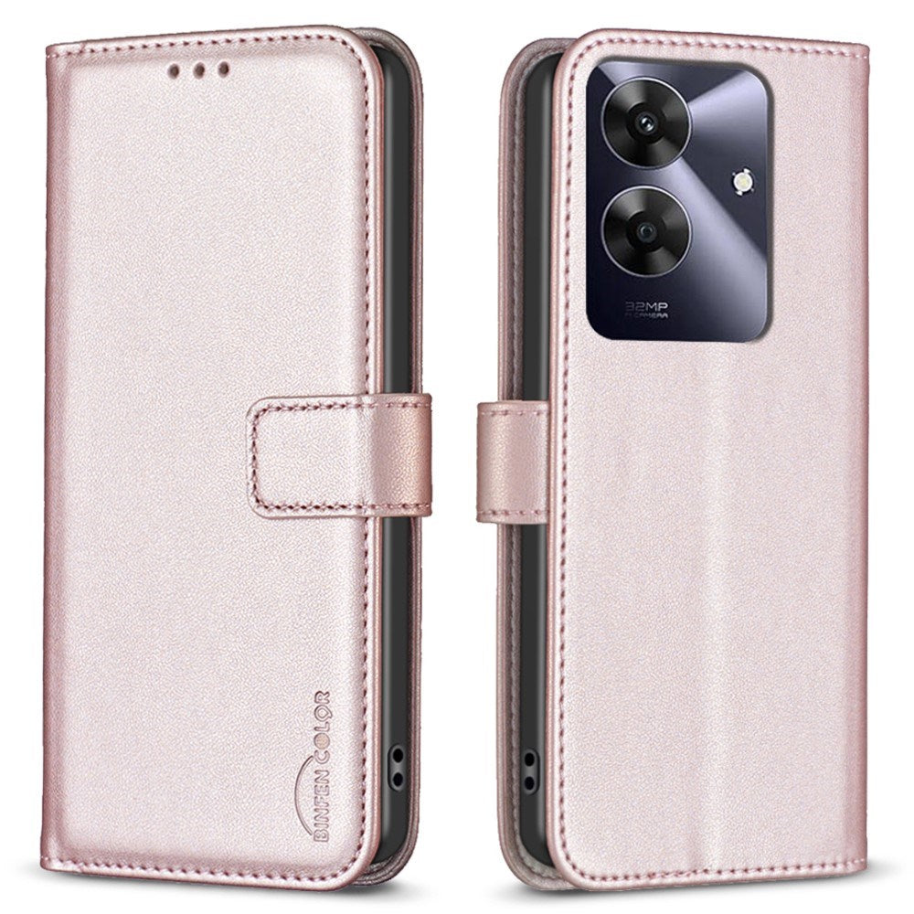 Realme Note 60 / 60x (4G) / C63 (4G) / C61 (4G) Konstläderfodral med Stativ Funktion & Korthållare - Rose Gold