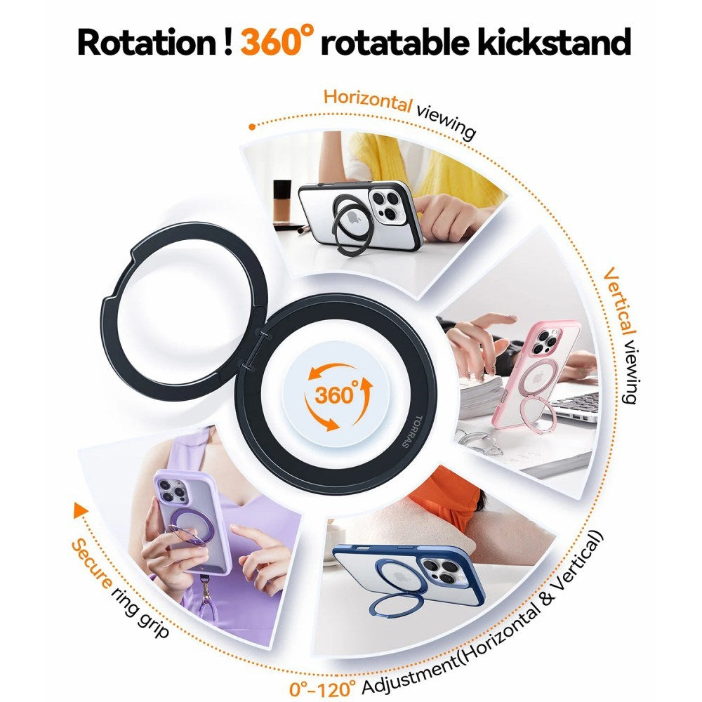 TORRAS iPhone 16 Pro Hybrid Plast Skal m. Roterbar Kickstand Ring - MagSafe Kompatibel - Transparent / Rosa