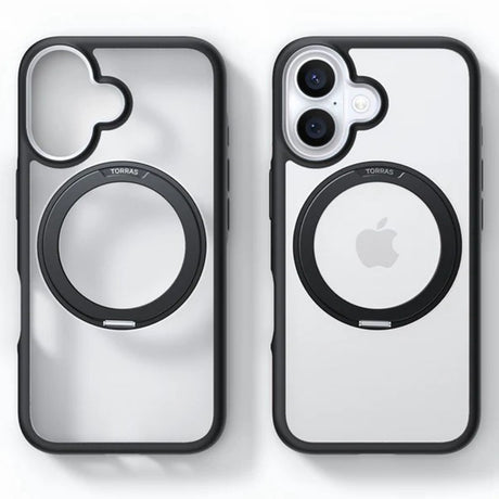 TORRAS iPhone 16 Hybrid Plast Skal m. Roterbar Kickstand Ring - MagSafe Kompatibel - Transparent / Svart