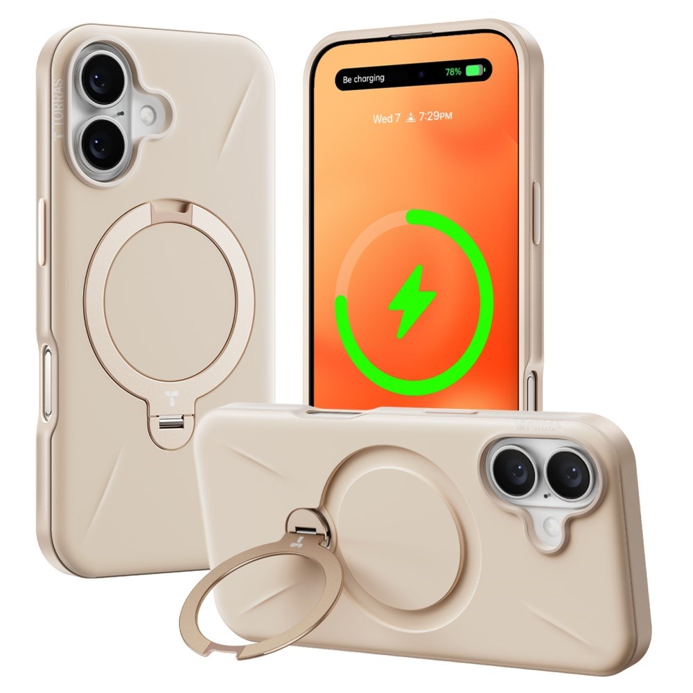 TORRAS iPhone 16 Flexibelt Plast Skal m. Ring Kickstand - Beige