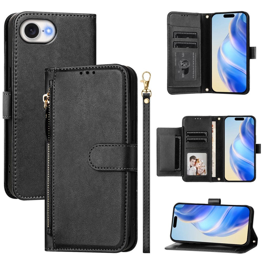 EIDERWOOD iPhone 17e / 16e Konstläder Flip Fodral m. Plånbok & Rem - Svart