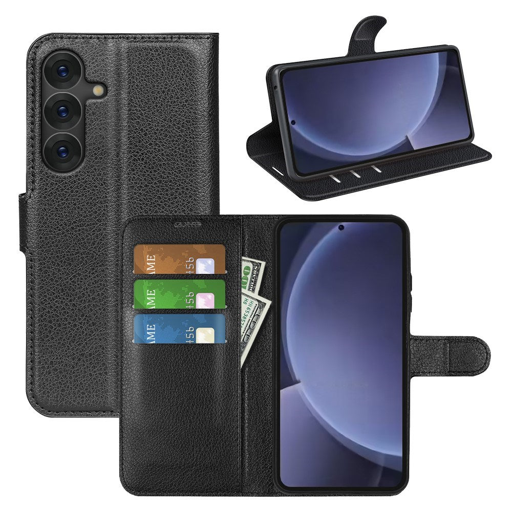 EIDERWOOD Samsung Galaxy S25+ (Plus) Stötskyddande Läder Wallet Case med Litchi Textur - Svart