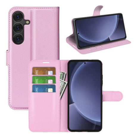 EIDERWOOD Samsung Galaxy S25+ (Plus) Stötskyddande Läder Wallet Case med Litchi Textur - Rosa