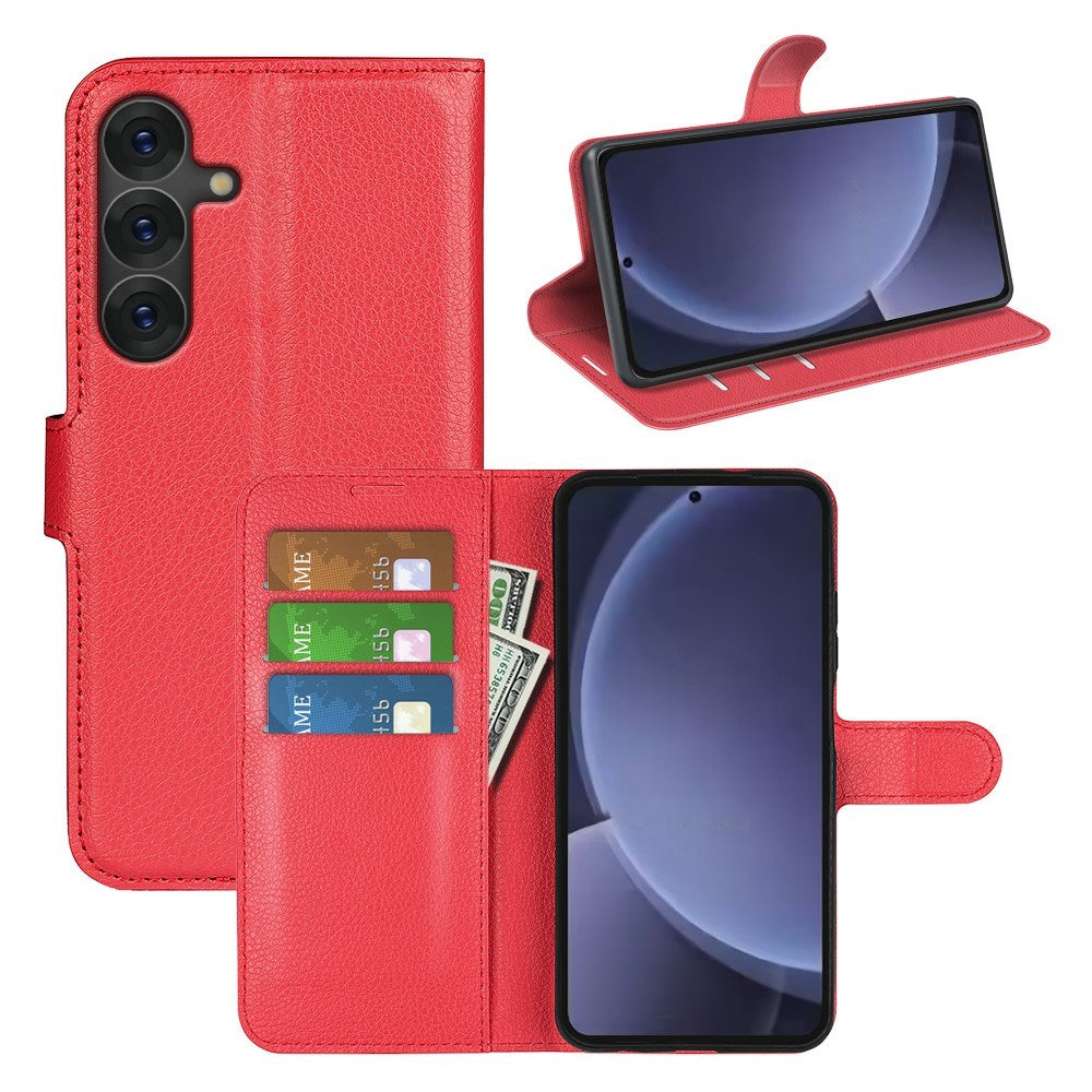 EIDERWOOD Samsung Galaxy S25+ (Plus) Stötskyddande Läder Wallet Case med Litchi Textur - Röd