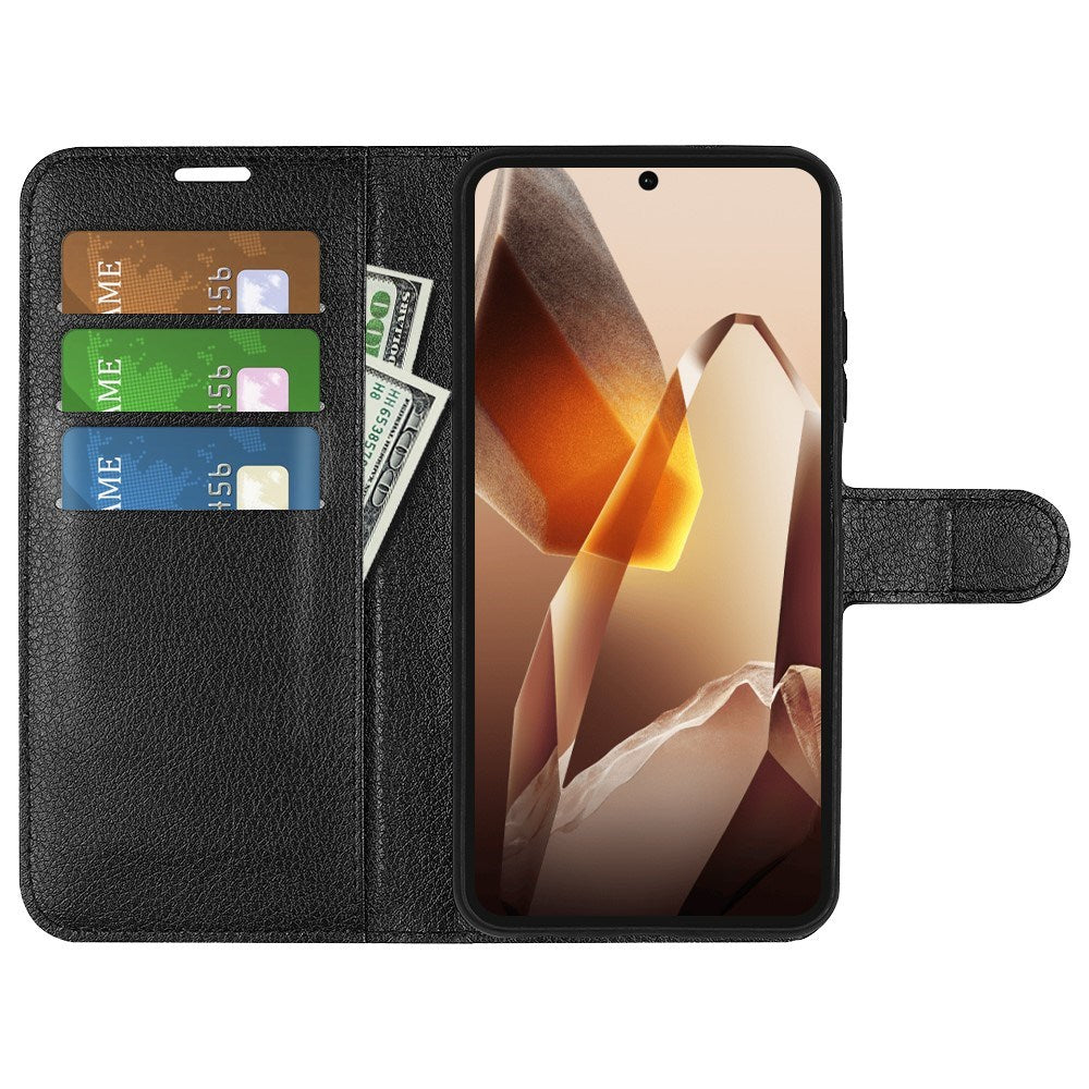 EIDERWOOD OnePlus 13 Stötskyddande Läder Wallet Case med Litchi Textur - Svart