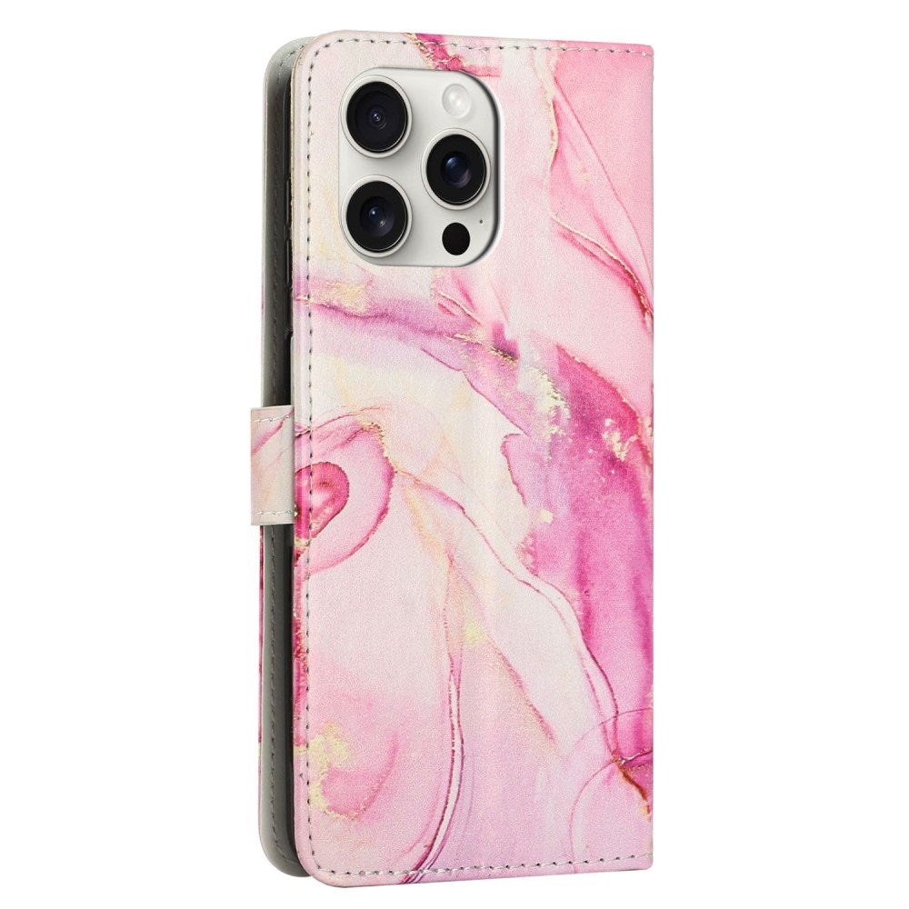EIDERWOOD iPhone 16 Pro Max Konstläder Fodral med Plånbok & Rem - Marmor Design - Rosa