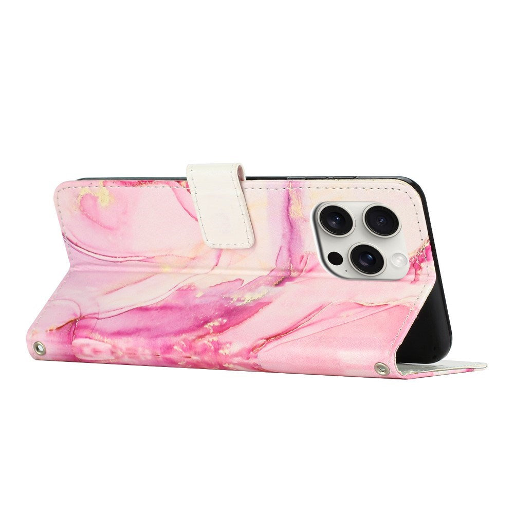 EIDERWOOD iPhone 16 Pro Max Konstläder Fodral med Plånbok & Rem - Marmor Design - Rosa