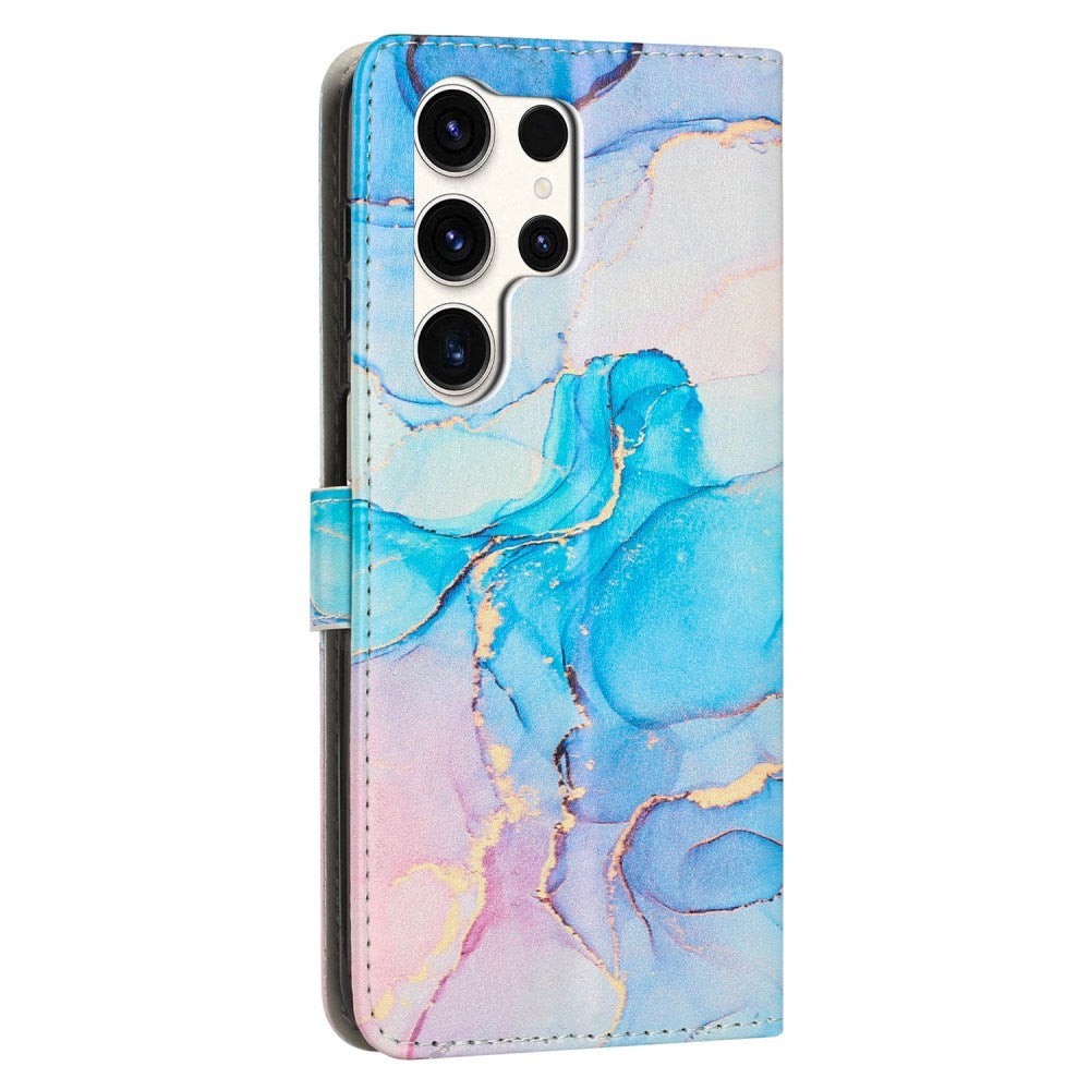 EIDERWOOD Samsung Galaxy S25 Ultra Marmormönstrat Konstläder Flip Fodral m. Rem - Blå