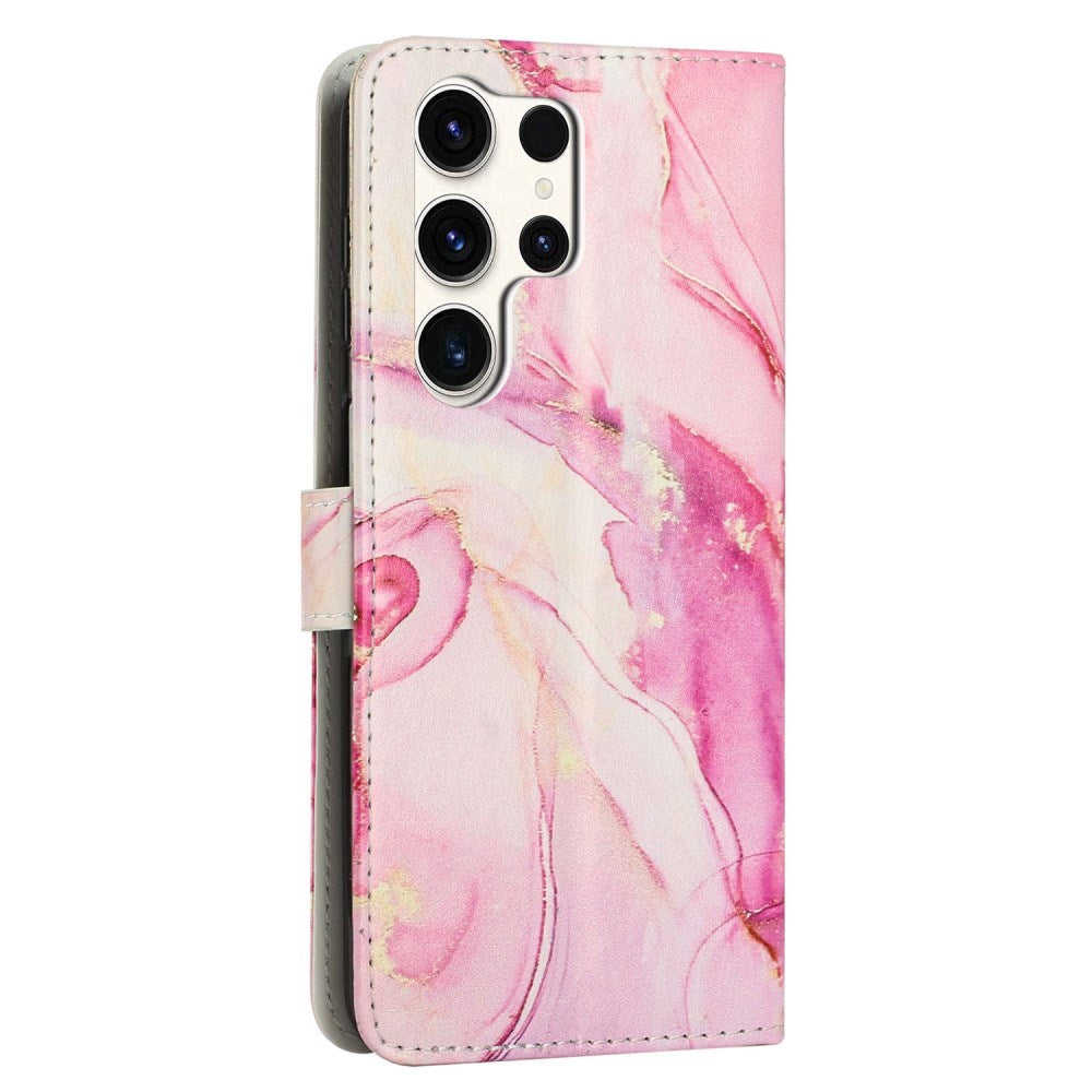 EIDERWOOD Samsung Galaxy S25 Ultra Marmormönstrat Konstläder Flip Fodral m. Rem - Rosa