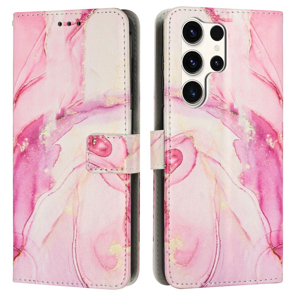 EIDERWOOD Samsung Galaxy S25 Ultra Marmormönstrat Konstläder Flip Fodral m. Rem - Rosa