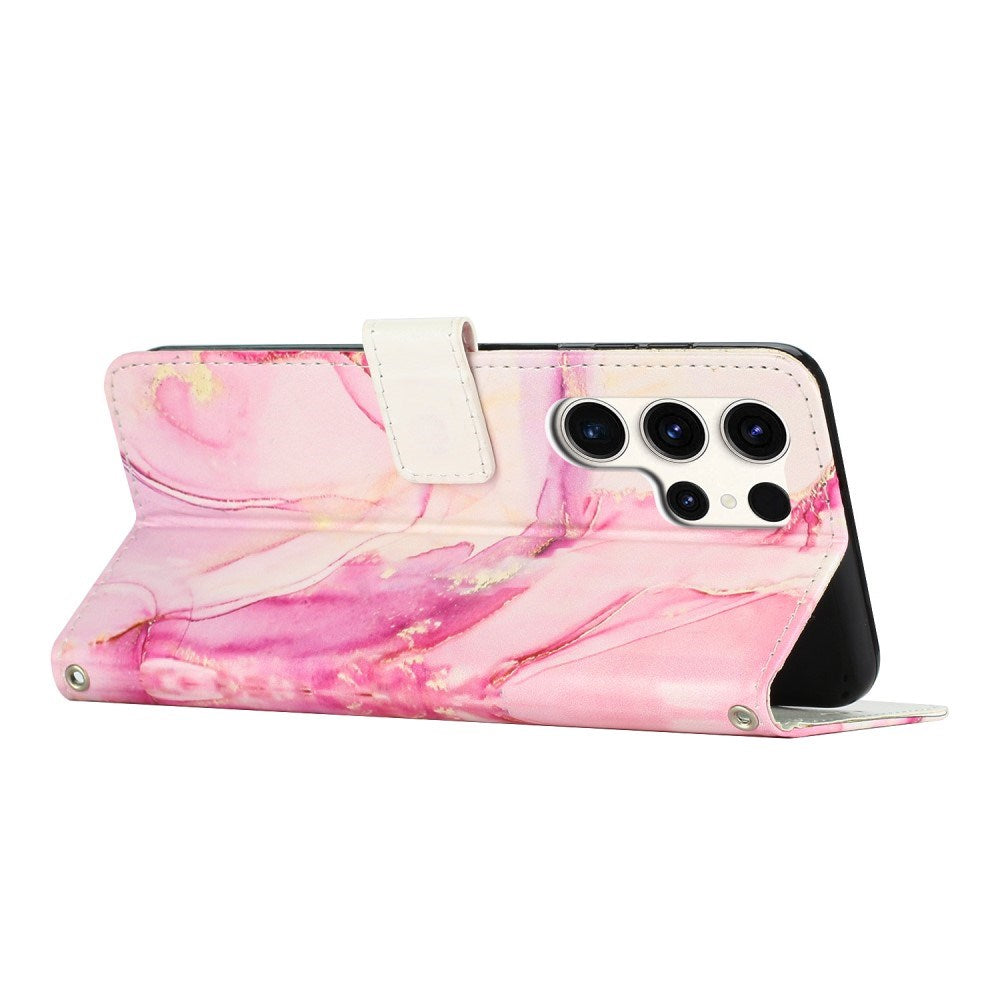 EIDERWOOD Samsung Galaxy S25 Ultra Marmormönstrat Konstläder Flip Fodral m. Rem - Rosa