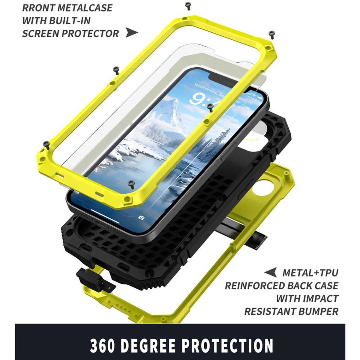 iPhone 17e / 16e R-JUST Hybrid Robust Skal m. Inbyggt Skärmskydd & Kickstand - Gul