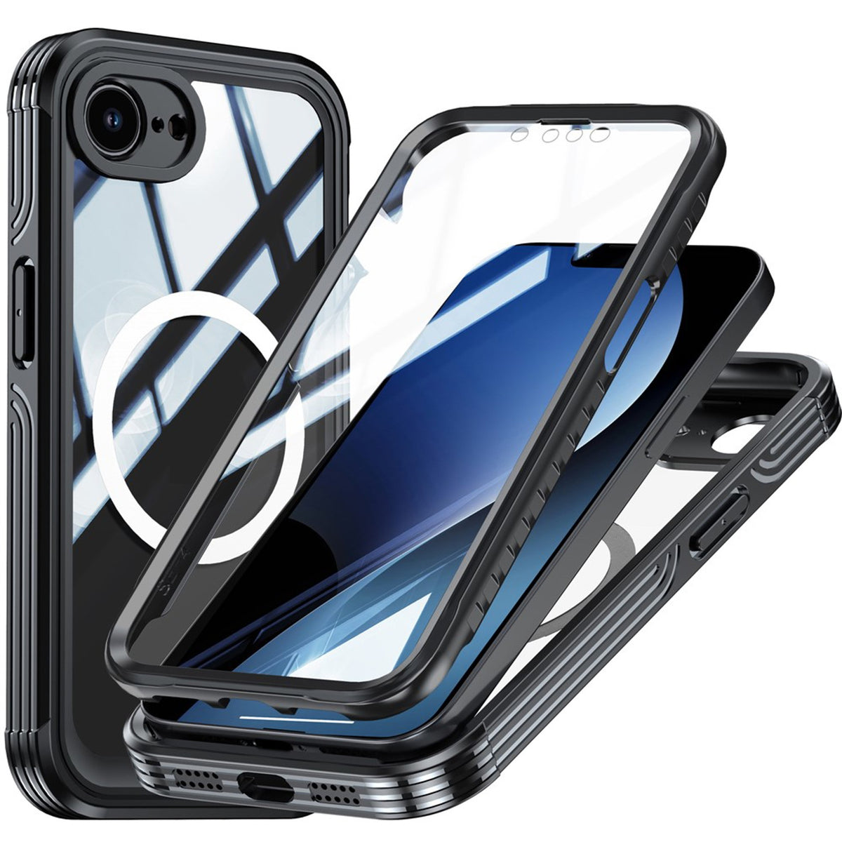 iPhone 17e / 16e Hybrid Plast Skal m. Inbyggt Skärmskydd - MagSafe Kompatibel - Transparent / Svart