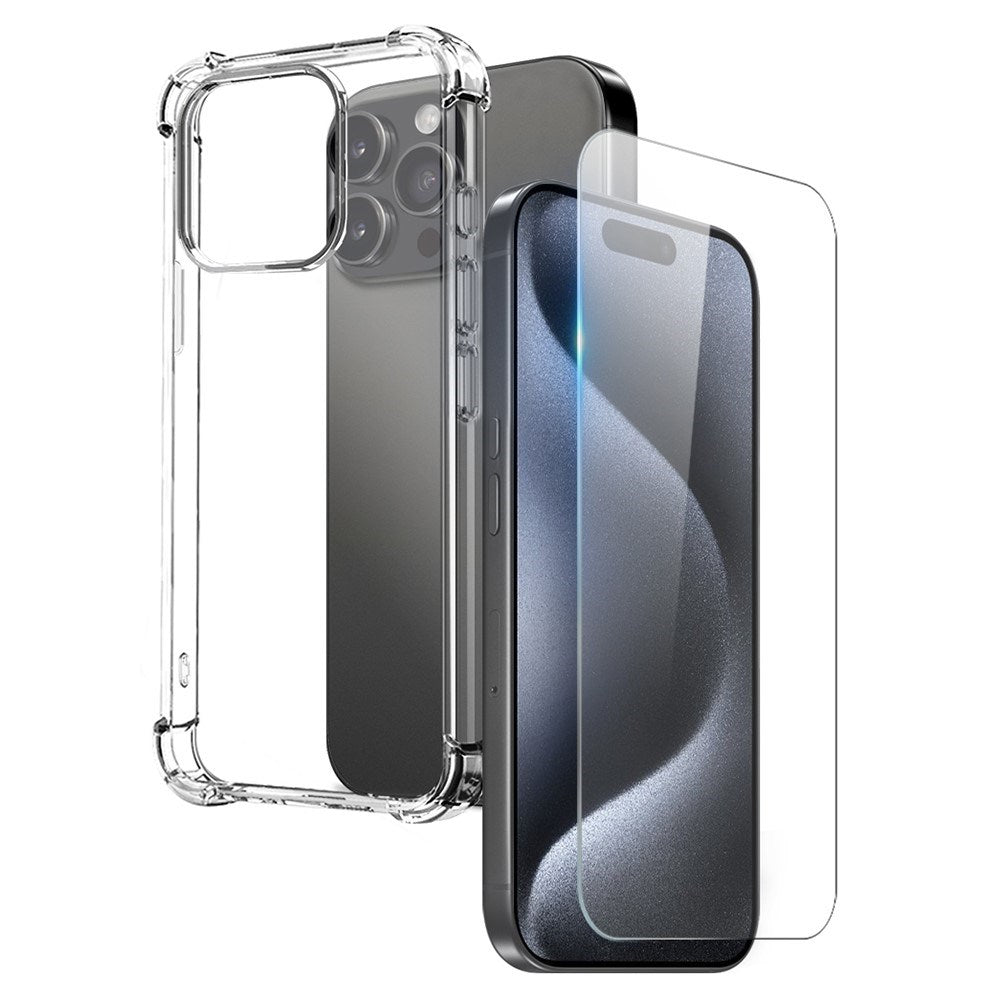 NORTHJO iPhone 15 Pro Max 2-i-1 Skyddspaket med Stötabsorberande Flexibelt Plast Skal & Härdat Skärmskyddsglas - Genomskinlig