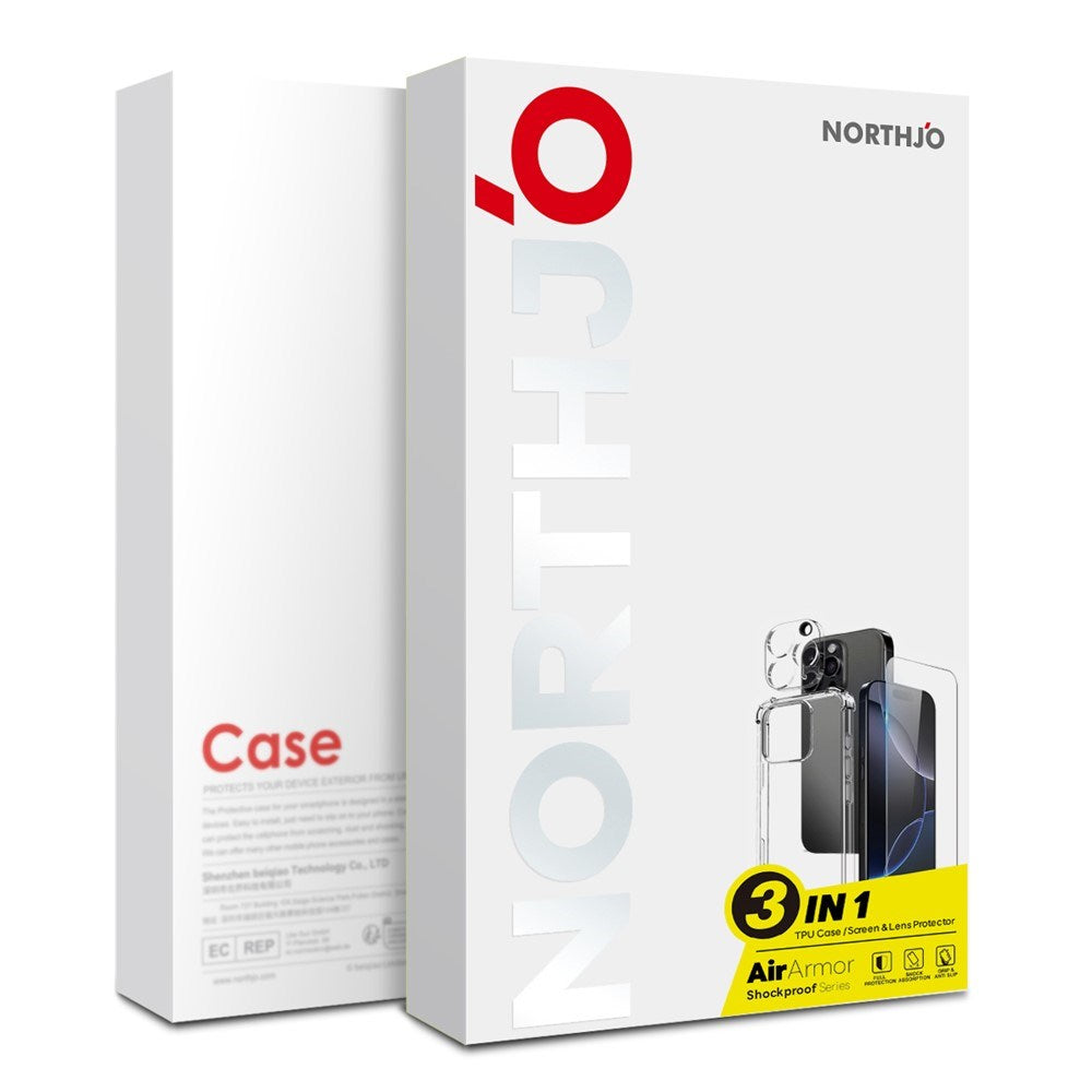 NORTHJO iPhone 15 Pro 3-i-1 Skyddsset med Stötdämpande Flexibelt Plast Skal & Härdat Glas Skärmskydd & Kameralinsglas - Genomskinlig