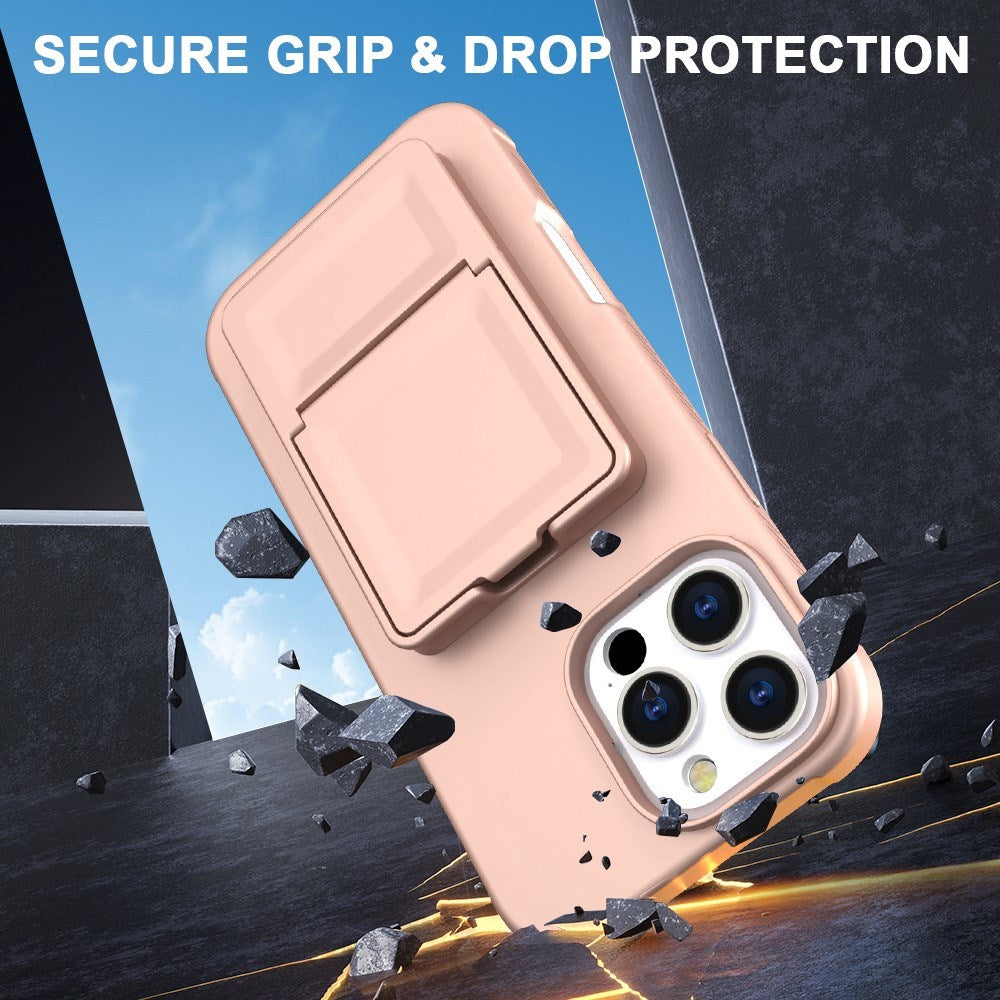 EIDERWOOD iPhone 16 Pro Flexibelt Plast Skal med Korthållare & Inbyggd Spegel – Rose Gold