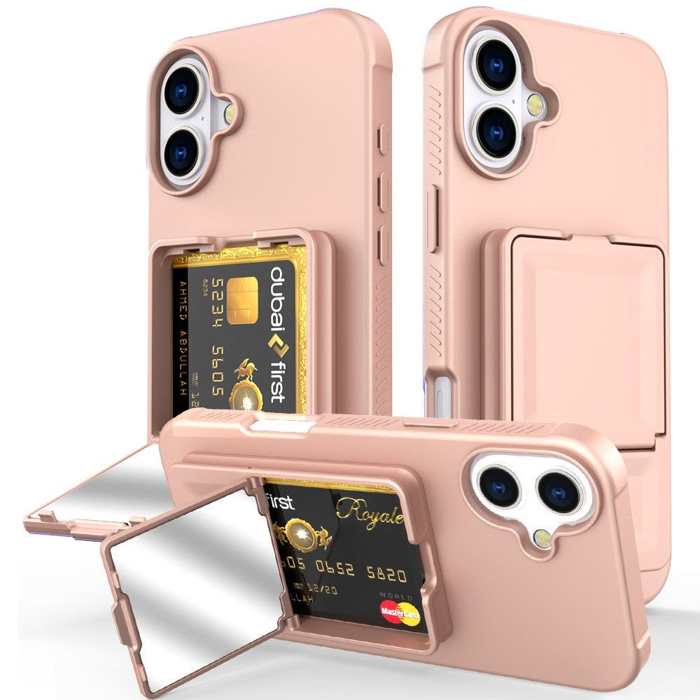 EIDERWOOD iPhone 16 Flexibelt Plast Skal med Korthållare & Inbyggd Spegel – Rose Gold