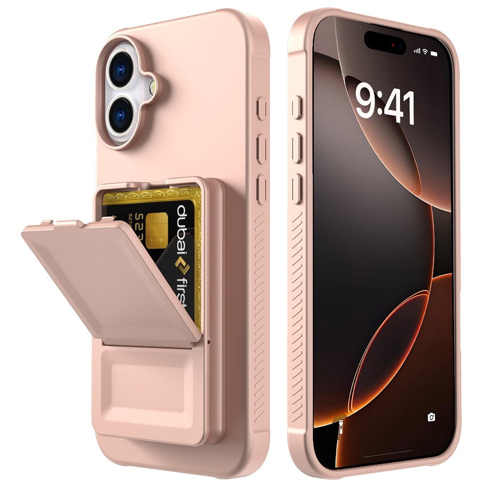 EIDERWOOD iPhone 16 Flexibelt Plast Skal med Korthållare & Inbyggd Spegel – Rose Gold