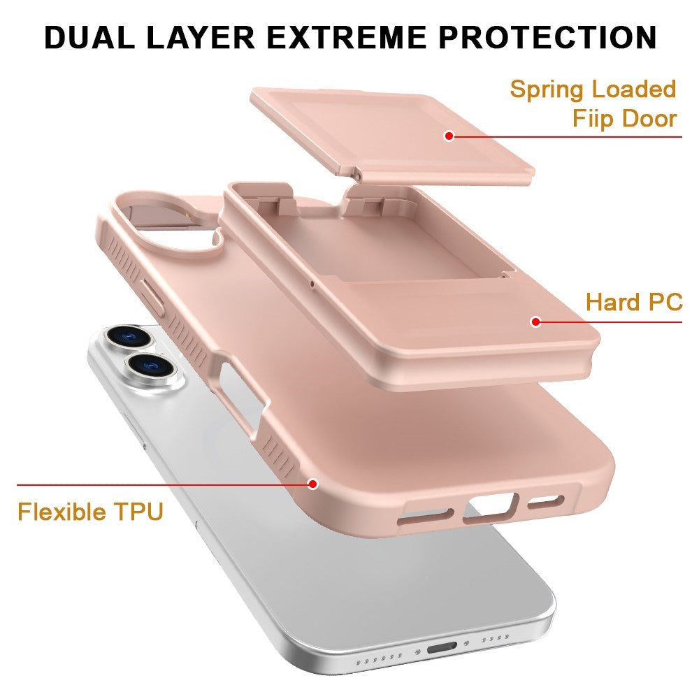 EIDERWOOD iPhone 16 Flexibelt Plast Skal med Korthållare & Inbyggd Spegel – Rose Gold