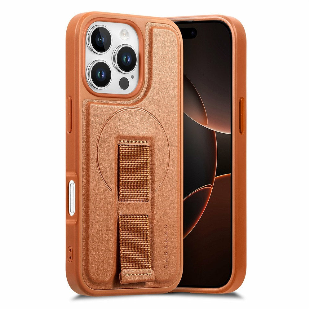 iPhone 16 Pro Hård Plast Skal m. Konstläder Baksida & Fingerrem - MagSafe Kompatibel - Brun
