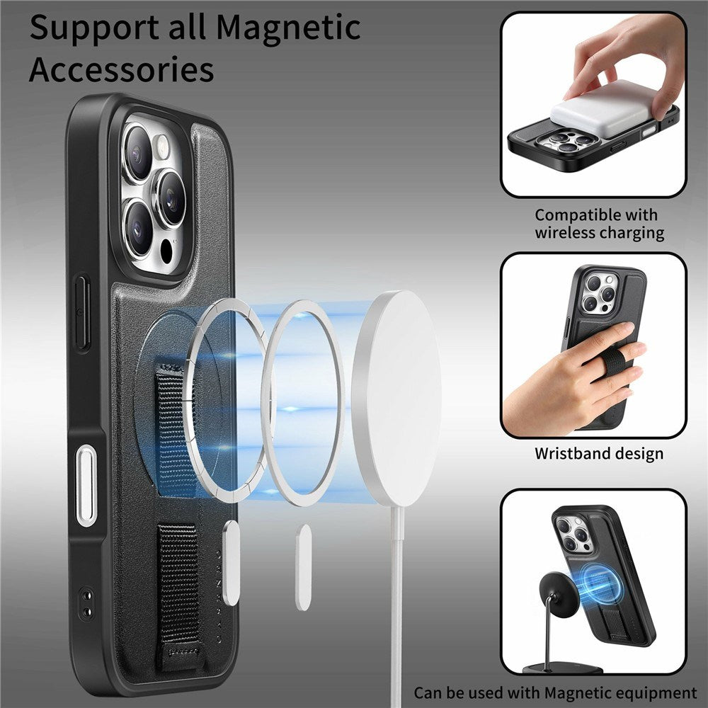 iPhone 16 Pro Hård Plast Skal m. Konstläder Baksida & Fingerrem - MagSafe Kompatibel - Svart