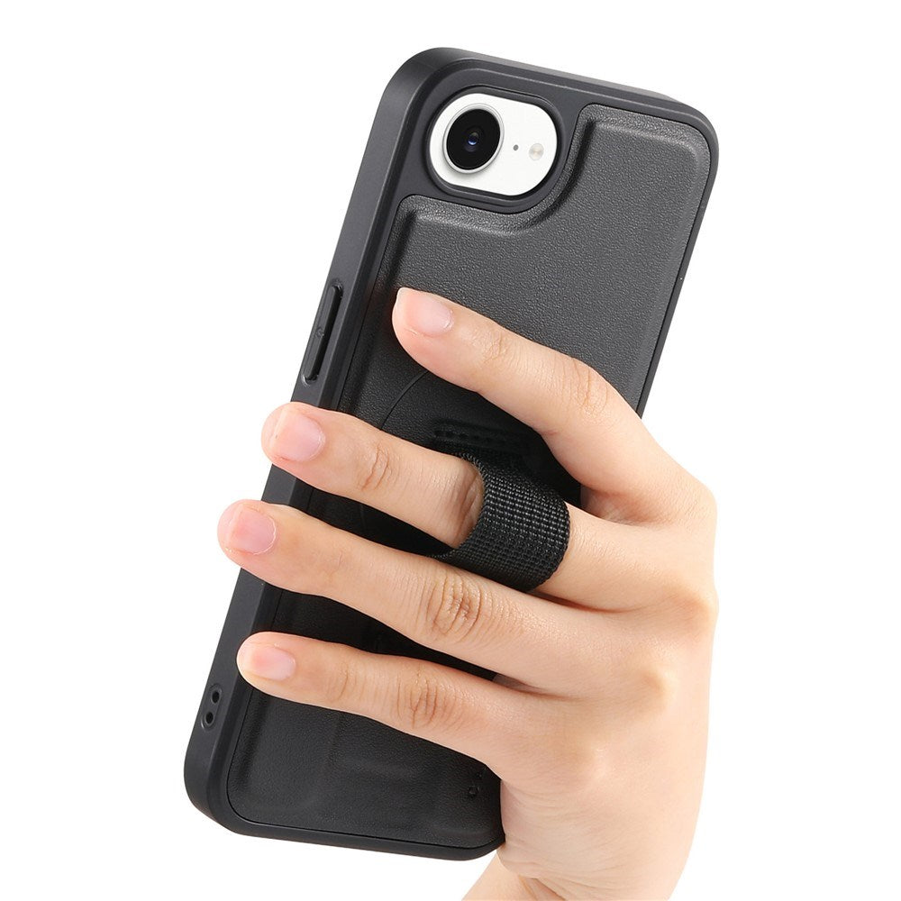 iPhone 16e Hård Plast Skal m. Konstläder Baksida & Fingerrem - MagSafe Kompatibel - Svart