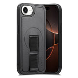 iPhone 16e Hård Plast Skal m. Konstläder Baksida & Fingerrem - MagSafe Kompatibel - Svart