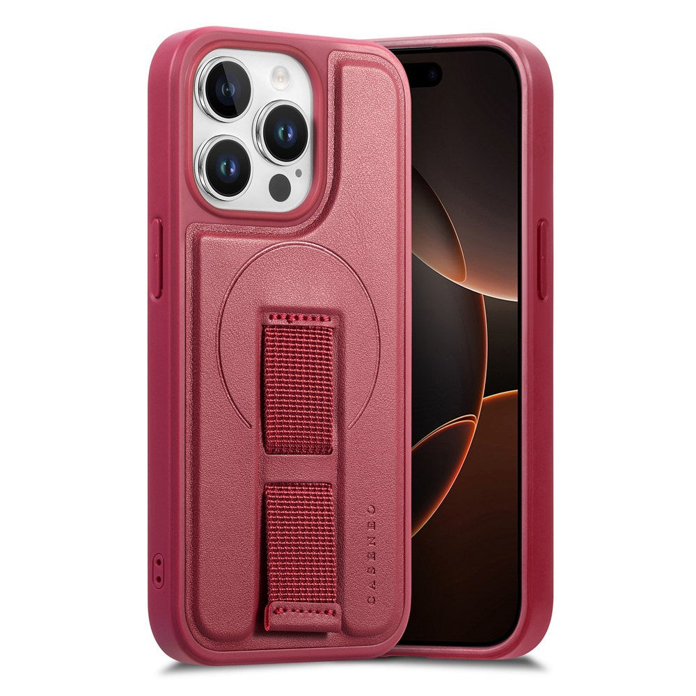 iPhone 13 Pro Hård Plast Skal m. Konstläder Baksida & Fingerrem - MagSafe Kompatibel - Röd