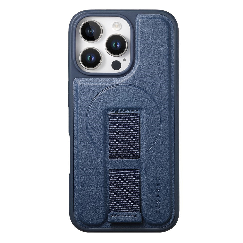 iPhone 13 Pro Hård Plast Skal m. Konstläder Baksida & Fingerrem - MagSafe Kompatibel - Blå