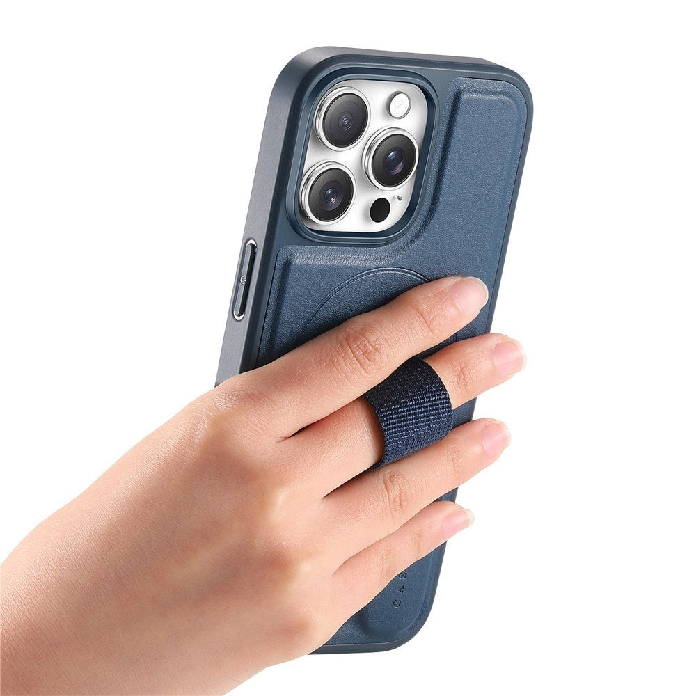 iPhone 13 Pro Hård Plast Skal m. Konstläder Baksida & Fingerrem - MagSafe Kompatibel - Blå