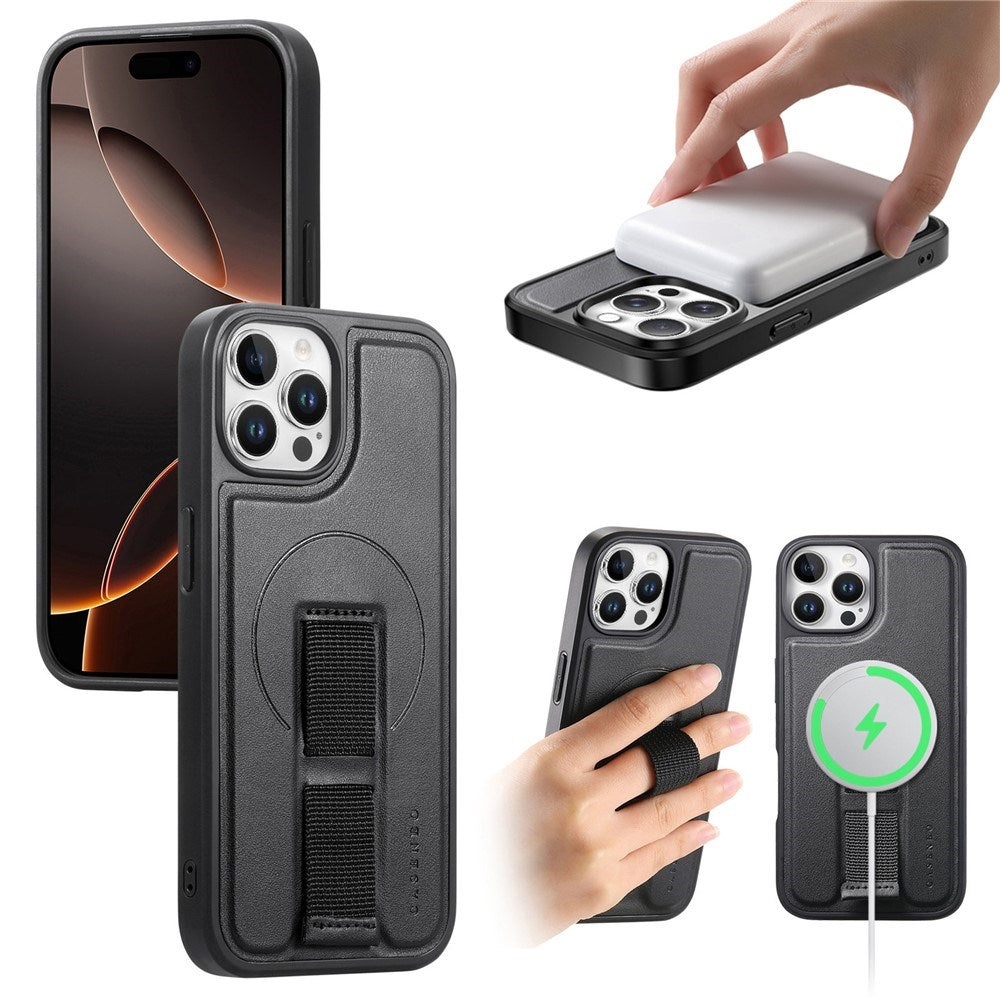 iPhone 12 / 12 Pro Hård Plast Skal m. Konstläder Baksida & Fingerrem - MagSafe Kompatibel - Svart