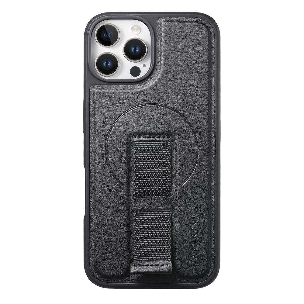 iPhone 12 / 12 Pro Hård Plast Skal m. Konstläder Baksida & Fingerrem - MagSafe Kompatibel - Svart