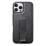 iPhone 12 / 12 Pro Hård Plast Skal m. Konstläder Baksida & Fingerrem - MagSafe Kompatibel - Svart