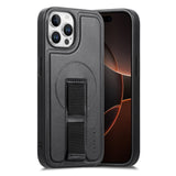 iPhone 12 / 12 Pro Hård Plast Skal m. Konstläder Baksida & Fingerrem - MagSafe Kompatibel - Svart