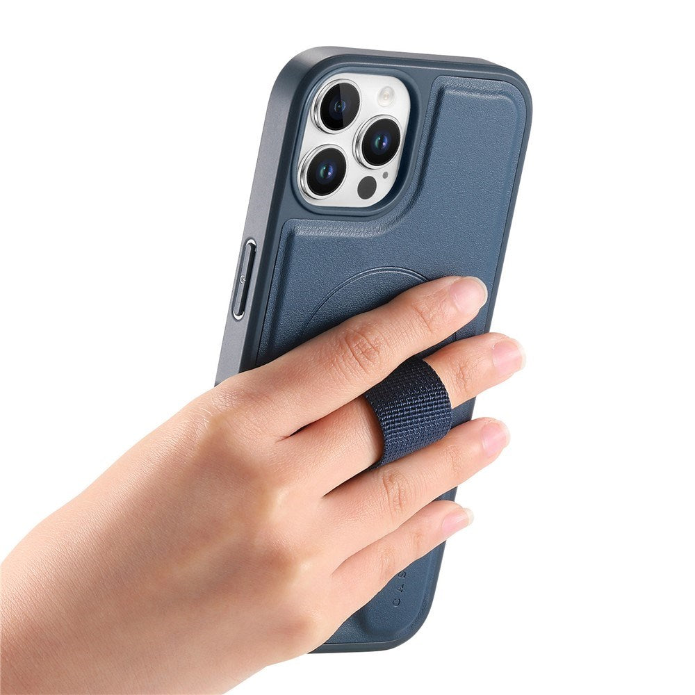 iPhone 12 / 12 Pro Hård Plast Skal m. Konstläder Baksida & Fingerrem - MagSafe Kompatibel - Blå