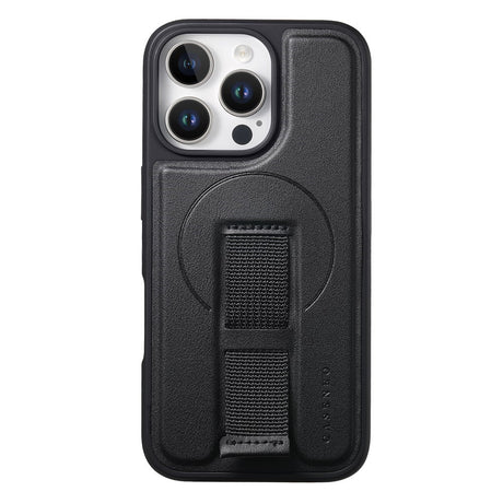 iPhone 14 Pro Hård Plast Skal m. Konstläder Baksida & Fingerrem - MagSafe Kompatibel - Svart