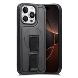 iPhone 14 Pro Hård Plast Skal m. Konstläder Baksida & Fingerrem - MagSafe Kompatibel - Svart