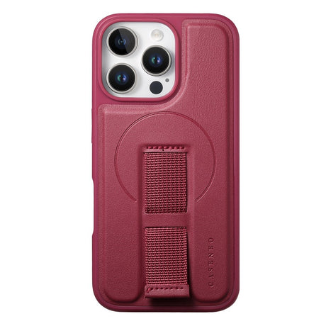 iPhone 14 Pro Hård Plast Skal m. Konstläder Baksida & Fingerrem - MagSafe Kompatibel - Röd
