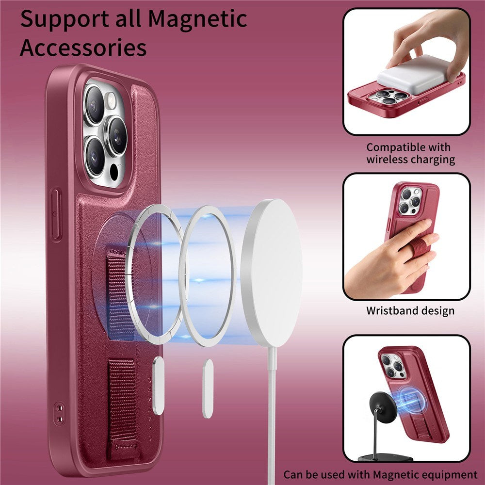 iPhone 14 Pro Hård Plast Skal m. Konstläder Baksida & Fingerrem - MagSafe Kompatibel - Röd