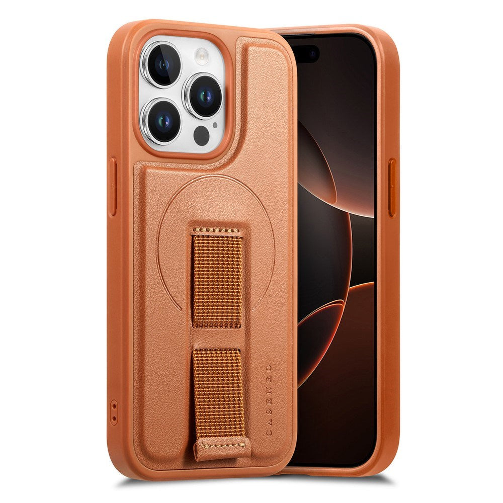 iPhone 15 Pro Hård Plast Skal m. Konstläder Baksida & Fingerrem - MagSafe Kompatibel - Brun