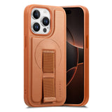 iPhone 15 Pro Hård Plast Skal m. Konstläder Baksida & Fingerrem - MagSafe Kompatibel - Brun