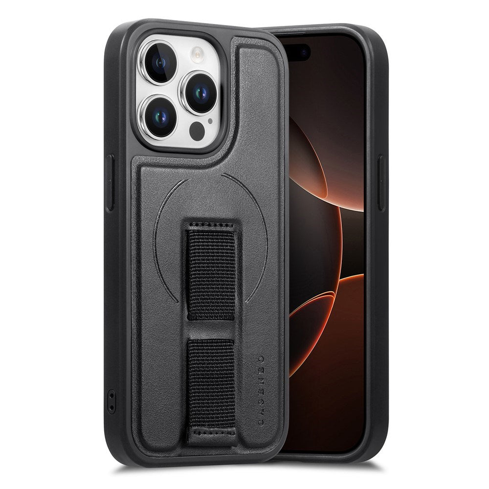 iPhone 15 Pro Hård Plast Skal m. Konstläder Baksida & Fingerrem - MagSafe Kompatibel - Svart