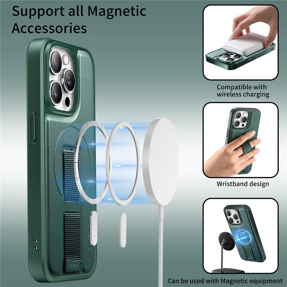 iPhone 15 Pro Hård Plast Skal m. Konstläder Baksida & Fingerrem - MagSafe Kompatibel - Grön