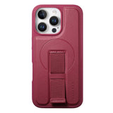 iPhone 15 Pro Hård Plast Skal m. Konstläder Baksida & Fingerrem - MagSafe Kompatibel - Röd