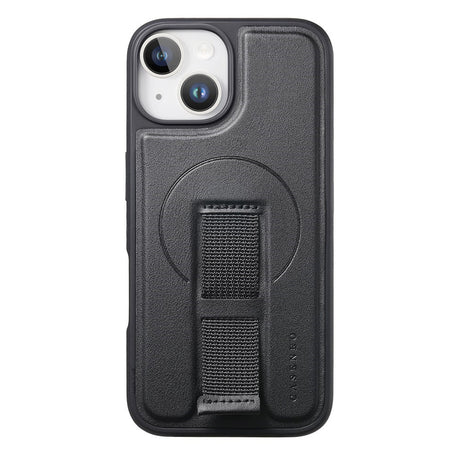 iPhone 15 Hård Plast Skal m. Konstläder Baksida & Fingerrem - MagSafe Kompatibel - Svart